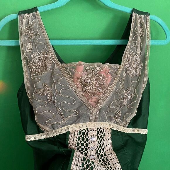 EUC LU LU LAME Vintage Silk & Lace Green Sheer Hand Beaded Sleeveless Blouse Sm - Picture 7 of 12